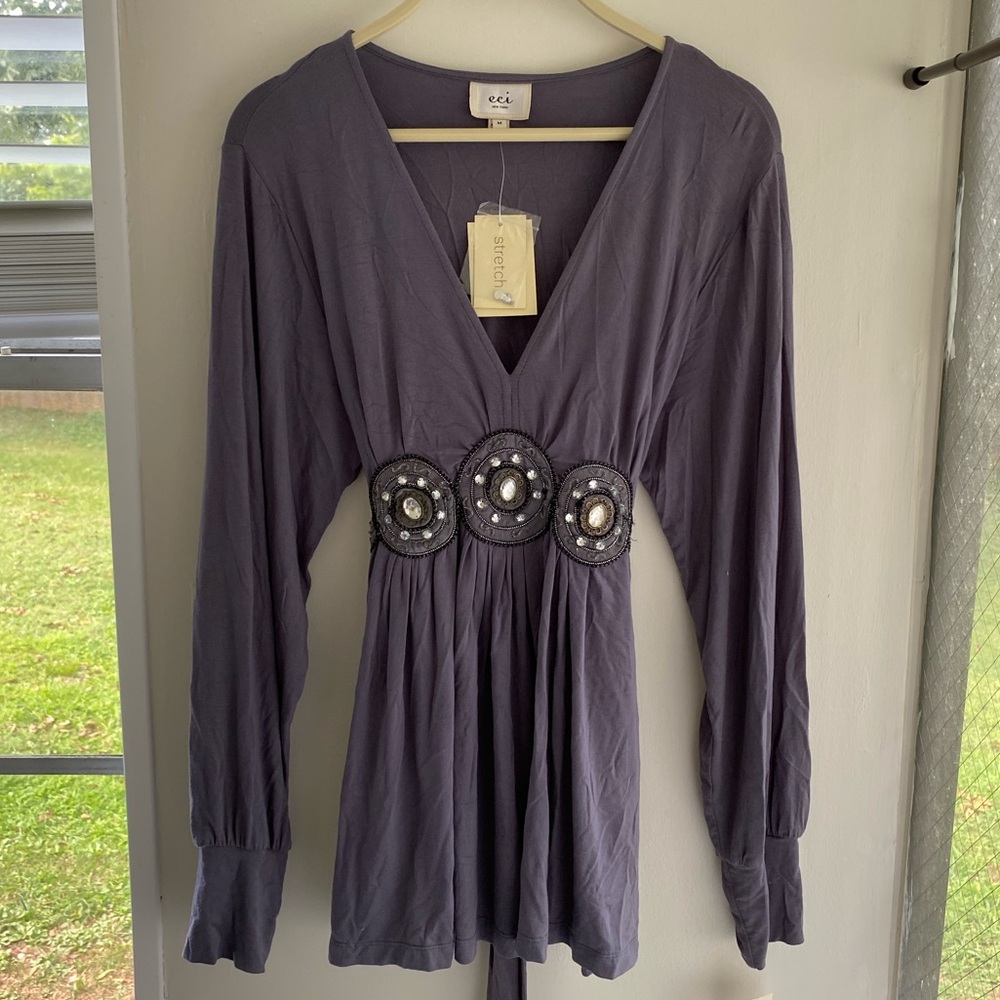 ECI Deep V-Neck Purple Blouse with Embellishments